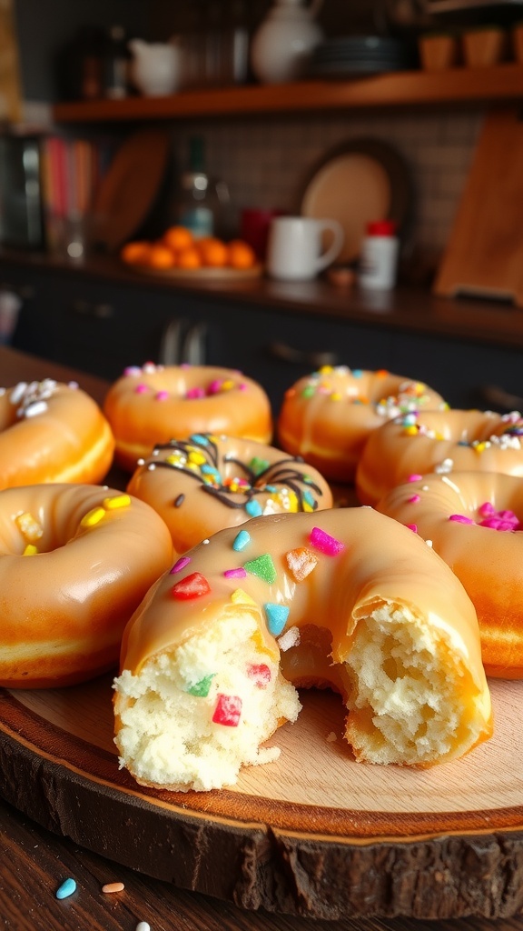A platter of fluffy yeast donuts with glaze and toppings, set in a cozy kitchen.
